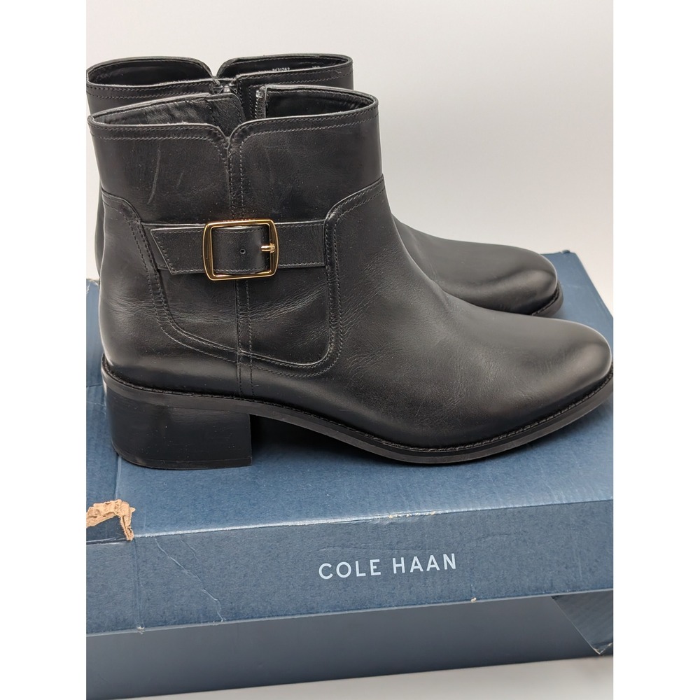 Cole Haan Boots Women 10 Black W31762 Leather Ankle Bootie Buckle Block Heel Zip